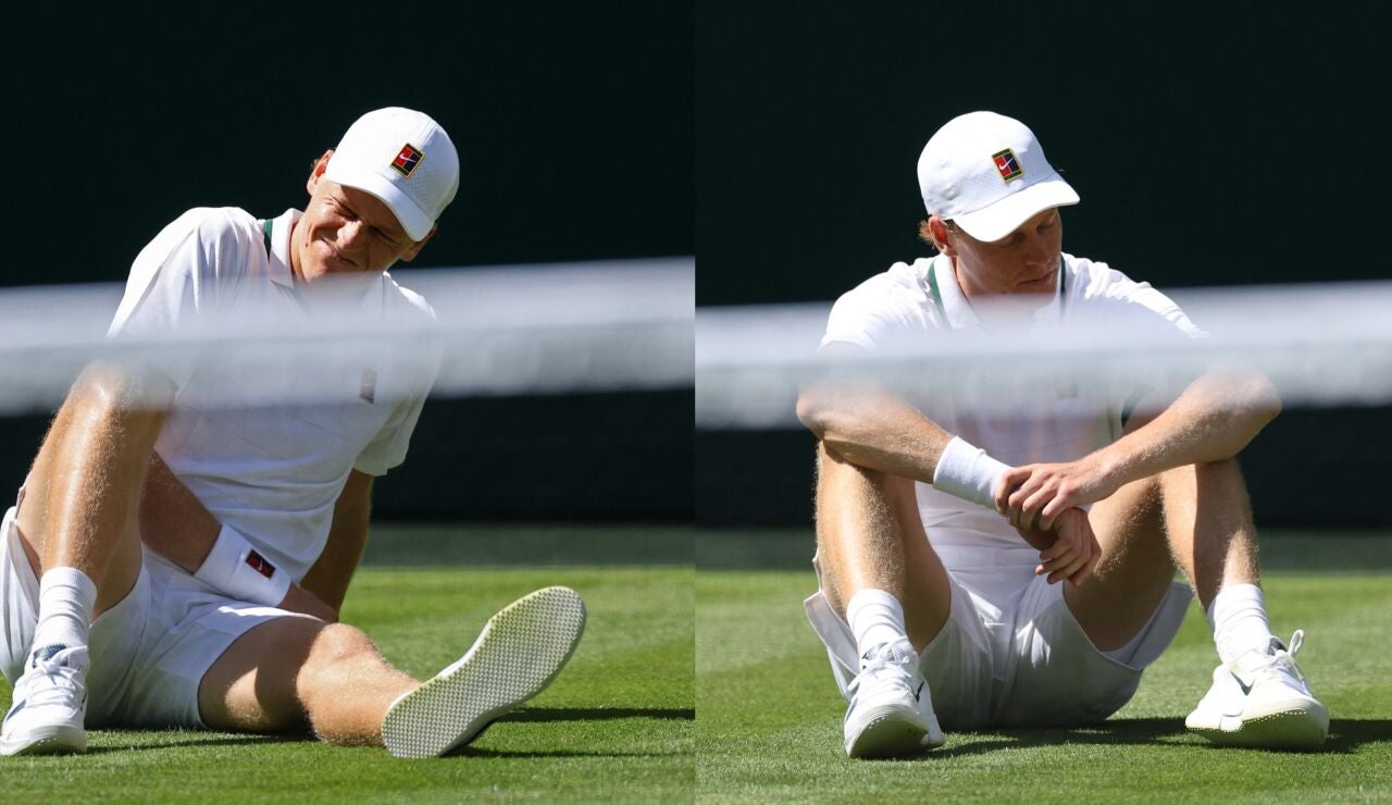 Jannik Sinner, tras su ca&iacute;da en la central de Wimbledon