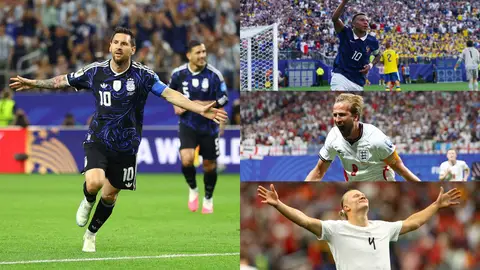 Messi, Mbappé, Haaland y Kane celebrando un gol en el Mundial Messi, Mbappé, Haaland y Kane celebrando un gol en el Mundial
