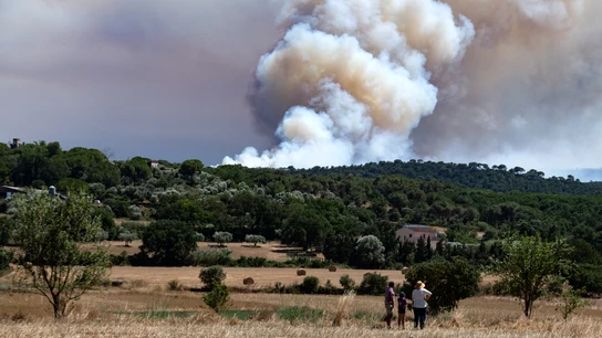 El avance del incendio de la Bisbal d'Empordà (Girona) obliga a confinar 12 localidades Varias personas observan el humo del incendio, en La Bisbal d'Empordà, Girona, Catalunya (España). Protecció Civil ha enviado una alerta de forma preventiva por la evolución del fuego, así como la presencia de humo y para evitar la movilidad en la zona cercana a la tarea de los operativos. 03 JULIO 2026 Glòria Sánchez / Europa Press 03/07/2026