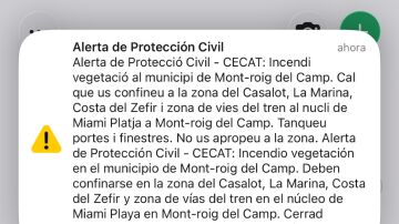 Imagen de Es-Alert en el incendio de Mont-roig del Camp
