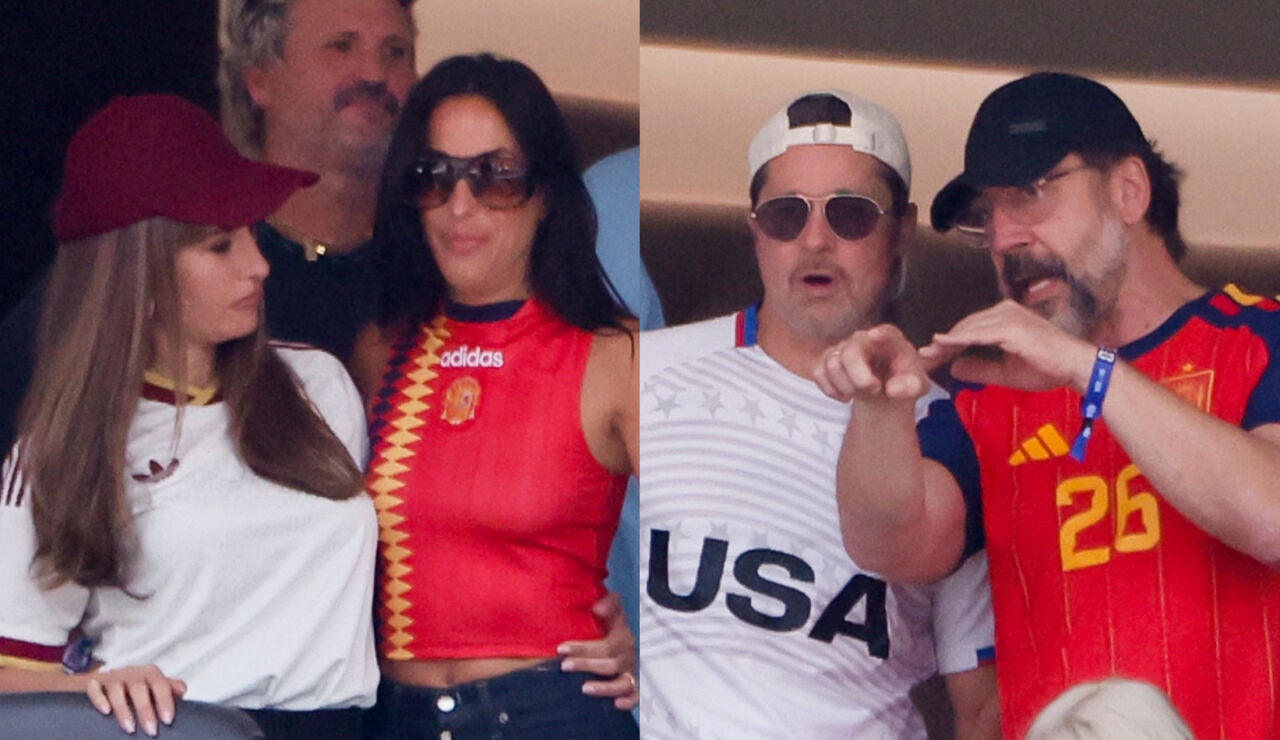Pen&eacute;lope Cruz e In&eacute;s de Ram&oacute;n con Brad Pitt y Javier Bardem en el partido de Espa&ntilde;a contra B&eacute;lgica del Mundial