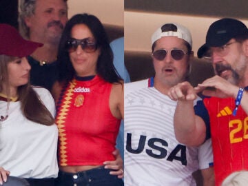 Pen&eacute;lope Cruz e In&eacute;s de Ram&oacute;n con Brad Pitt y Javier Bardem en el partido de Espa&ntilde;a contra B&eacute;lgica del Mundial