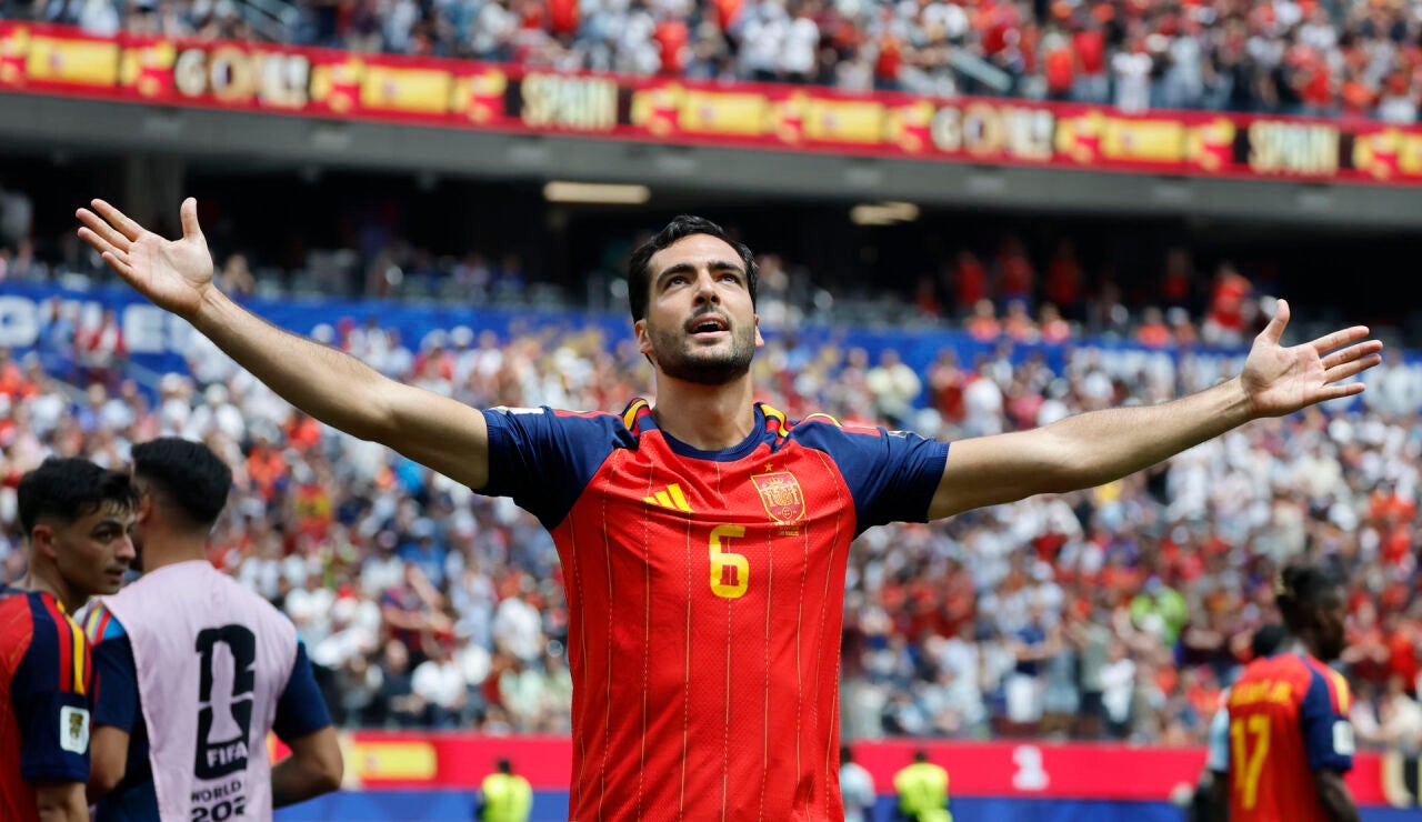 El jugador espa&ntilde;ol Mikel Merino celebra un gol en el partido de cuartos de final del Mundial de la FIFA 2026 entre Espa&ntilde;a y B&eacute;lgica en el estadio SoFi en Los &Aacute;ngeles (Estados Unidos)