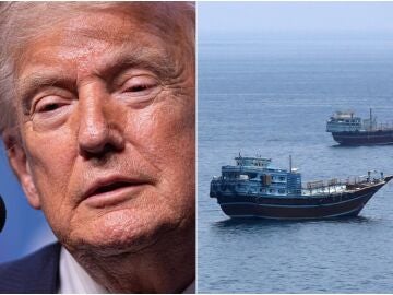 El presidente de EE.UU., Donald Trump, junto a dos barcos cruzando el estrecho de Ormuz en una imagen de archivo.