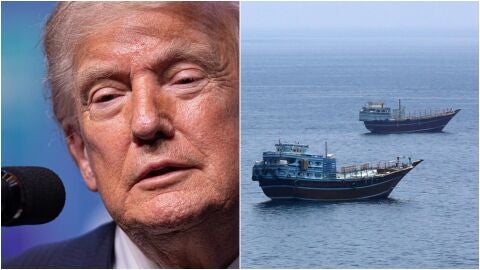 El presidente de EE.UU., Donald Trump, junto a dos barcos cruzando el estrecho de Ormuz en una imagen de archivo