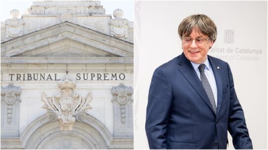 A la izquierda, una imagen de archivo de la Fachada del Tribunal Supremo, a la derecha, el expresident de Catalu&ntilde;a, Carles Puigdemont.