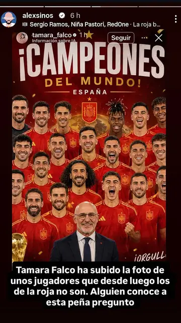Alexsinos resubiendo la foto de Tamara Falcó por su felicitación a la selección en Instagram Alexsinos resubiendo la foto de Tamara Falcó por su felicitación a la selección en Instagram