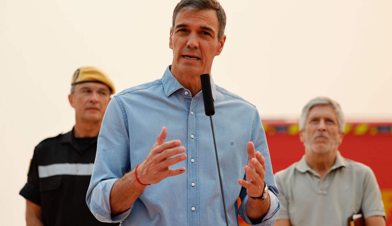 El presidente del Gobierno, Pedro S&aacute;nchez comparece desde el Puesto de Mando Avanzado (PMA) ubicado en la localidad madrile&ntilde;a de Cenicientos, este s&aacute;bado