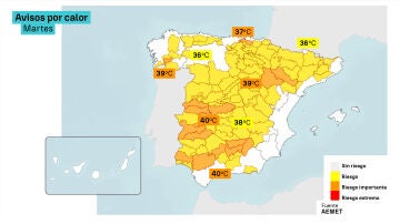 Mapa de avisos por calor en España
