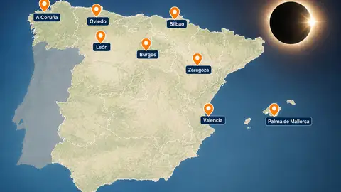 Estas son las 8 ciudades de España que verán el eclipse total de sol del 2026 Mapa España eclipse solar total 2026