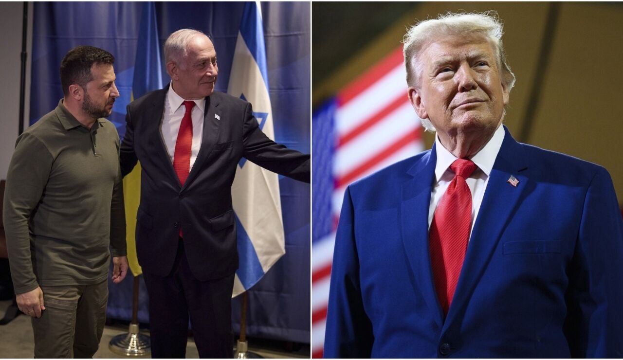 A la izquierda, Volod&iacute;mir Zelenski y Benjam&iacute;n Netanyahu, a la derecha, Donald Trump en una imagen de archivo.