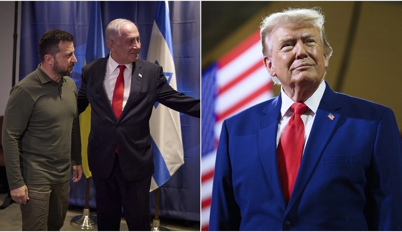 A la izquierda, Volodímir Zelenski y Benjamín Netanyahu, a la derecha, Donald Trump en una imagen de archivo.