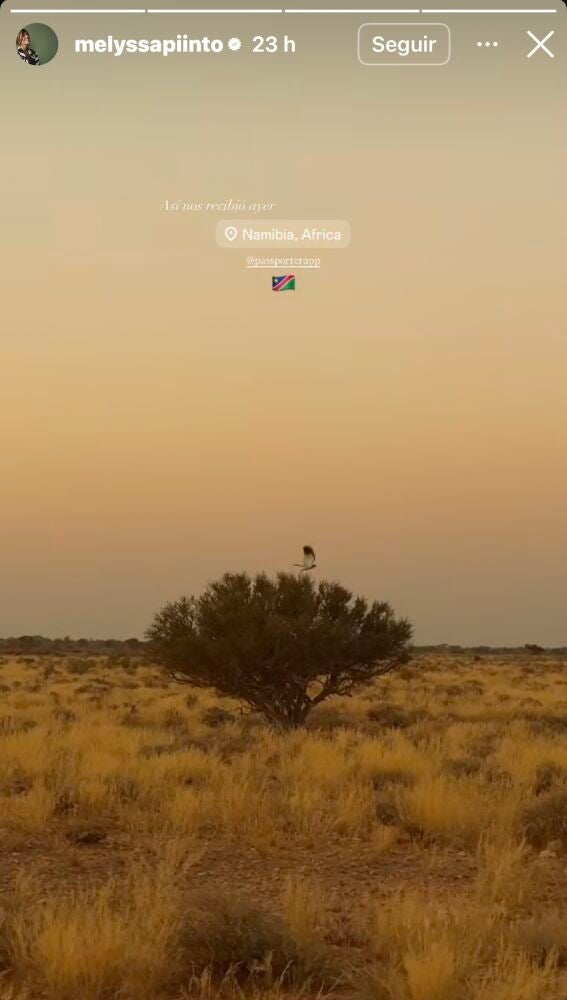 Melyssa Pinto ha compartido el espectacular atardecer con el que Namibia les ha dado la bienvenida en el inicio de sus vacaciones junto a Mario Casas