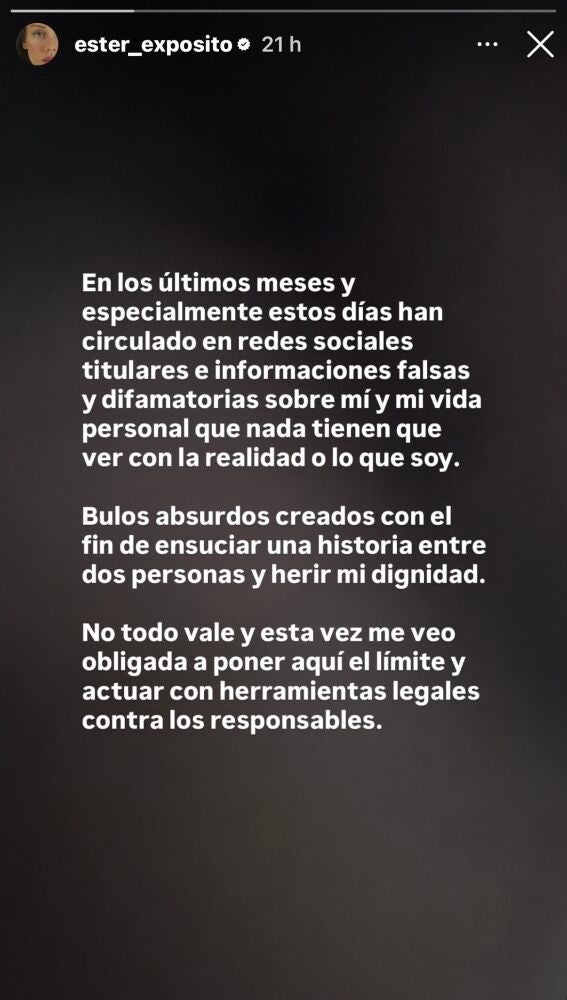 Ester Expósito comparte a través de sus redes sociales este contundente comunicado