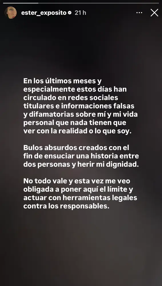 Ester Expósito comparte a través de sus redes sociales este contundente comunicado Ester Expósito comparte a través de sus redes sociales este contundente comunicado