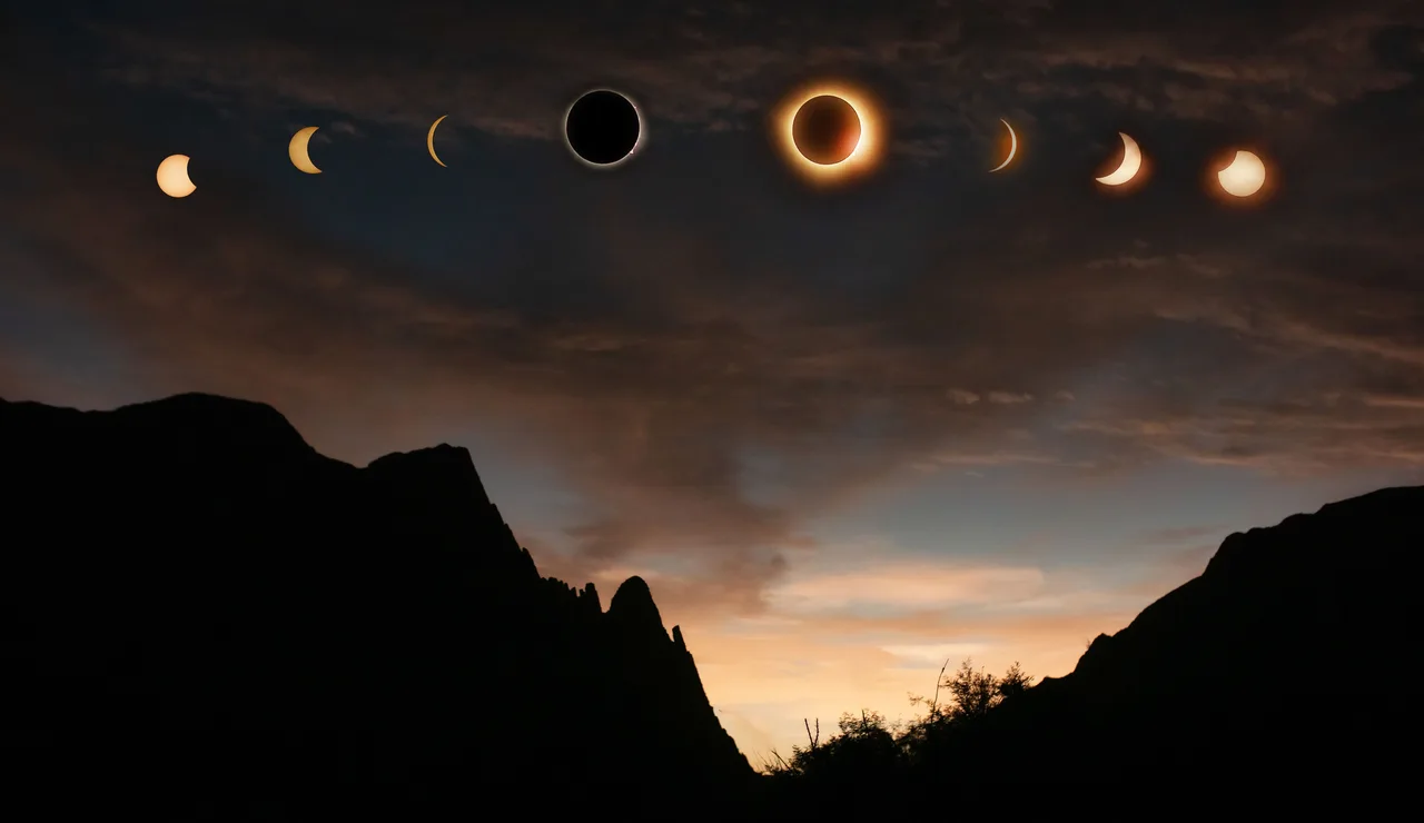 Secuencia de fases del eclipse solar capturadas sobre la dramática silueta de Lerdo, México, al atardecer.