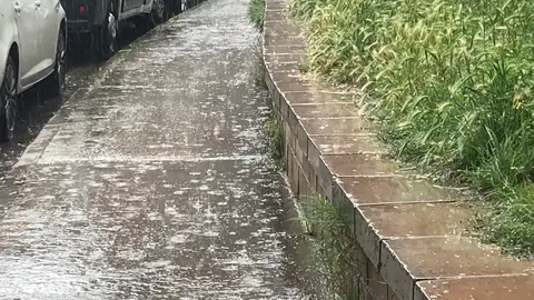 Se activa de nuevo este domingo el aviso amarillo por precipitaciones intensas en Gipuzkoa y Álava (Foto de ARCHIVO) Lluvia intensa en una acera y una zona verde EUROPA PRESS 05/05/2026