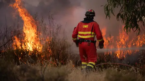 Un efectivo de la UME se enfrenta a un incendio. Un efectivo de la UME se enfrenta a un incendio.