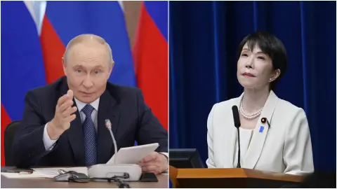 El presidente de Rusia, Vladimir Putin junto a Sanae Takaichi, la primera ministra de Japón. El presidente de Rusia, Vladimir Putin junto a Sanae Takaichi, la primera ministra de Japón.