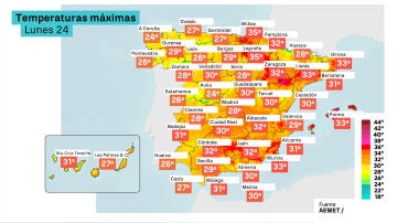 Imagen de las temperaturas máximas del lunes 24 de agosto de 2026