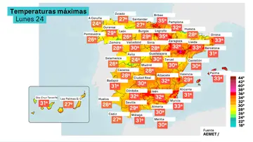 Imagen de las temperaturas máximas del lunes 24 de agosto de 2026 Imagen de las temperaturas máximas del lunes 24 de agosto de 2026