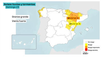 Imagen de los avisos por lluvias y tormentas del domingo 23 de agosto de 2026.