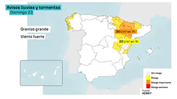 Imagen de los avisos por lluvias y tormentas del domingo 23 de agosto de 2026. Imagen de los avisos por lluvias y tormentas del domingo 23 de agosto de 2026.