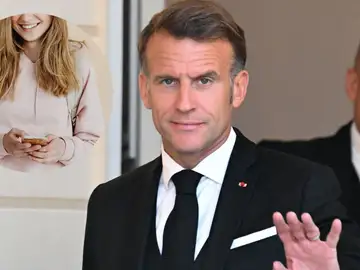 Imagen de archivo de Macron y de una joven usando el teléfono. Imagen de archivo de Macron y de una joven usando el teléfono.