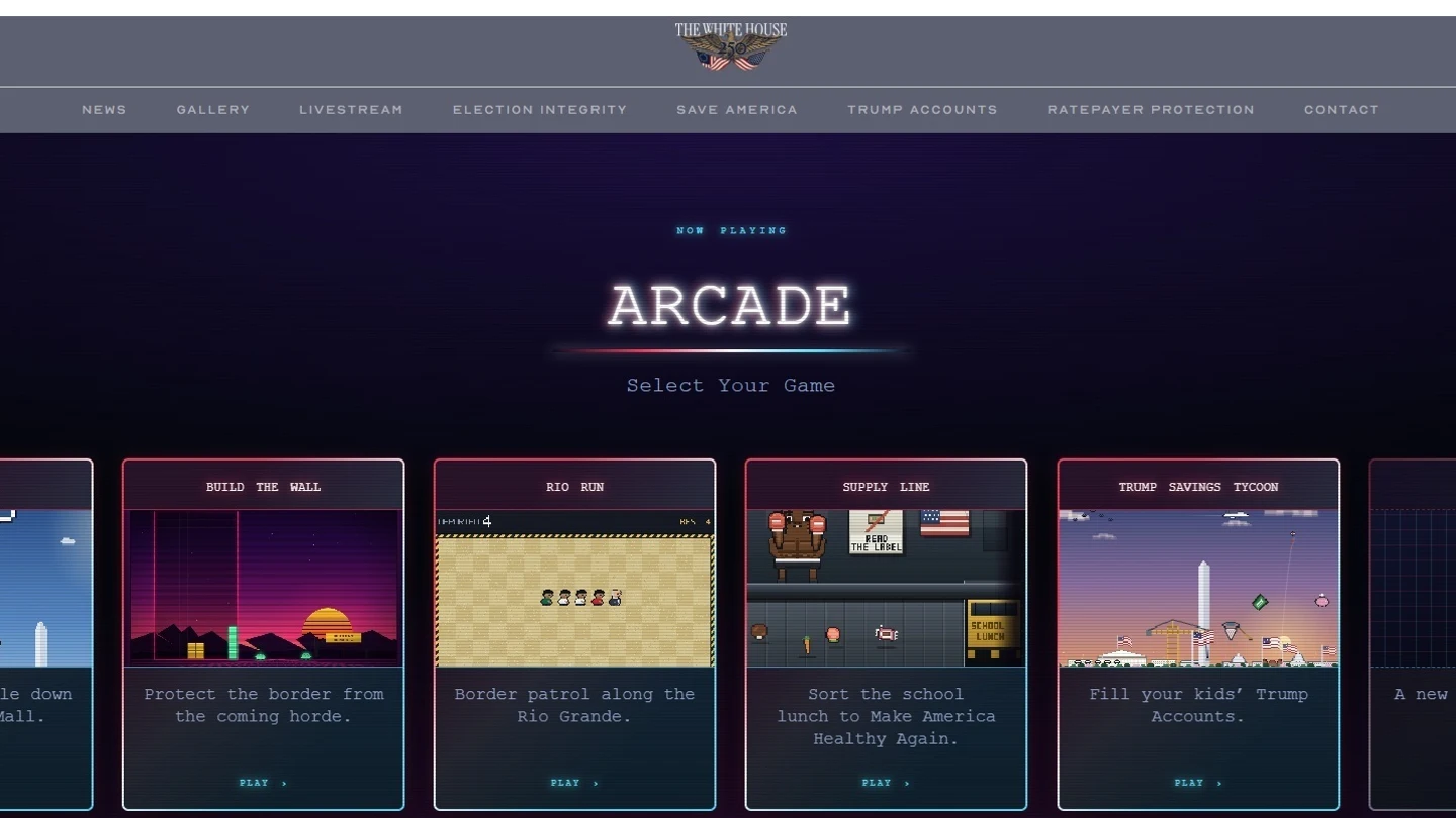 Captura de pantalla de 'Arcade', apartado en la Casa Blanca con juegos basados en la agenda política del presidente de Estados Unidos, Donald Trump. Captura de pantalla de 'Arcade', apartado en la Casa Blanca con juegos basados en la agenda política del presidente de Estados Unidos, Donald Trump.