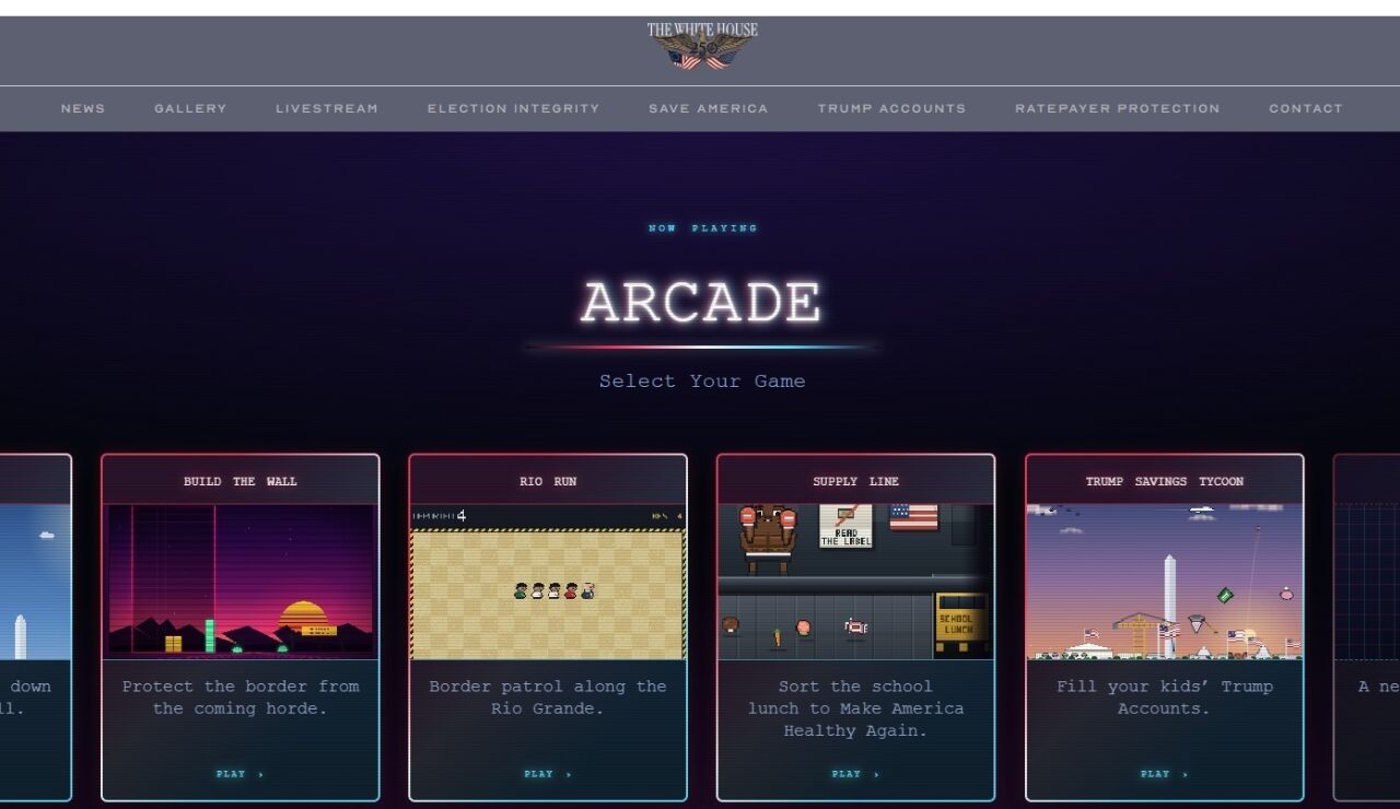 Captura de pantalla de 'Arcade', apartado en la Casa Blanca con juegos basados en la agenda pol&iacute;tica del presidente de Estados Unidos, Donald Trump.