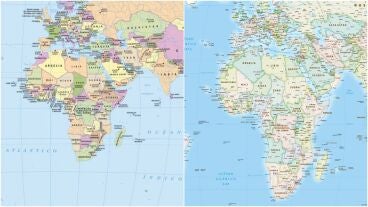Mapa del mundo, en la antigua versi&oacute;n Mercator y la nueva inspirada en los modelos de Equal Earth.