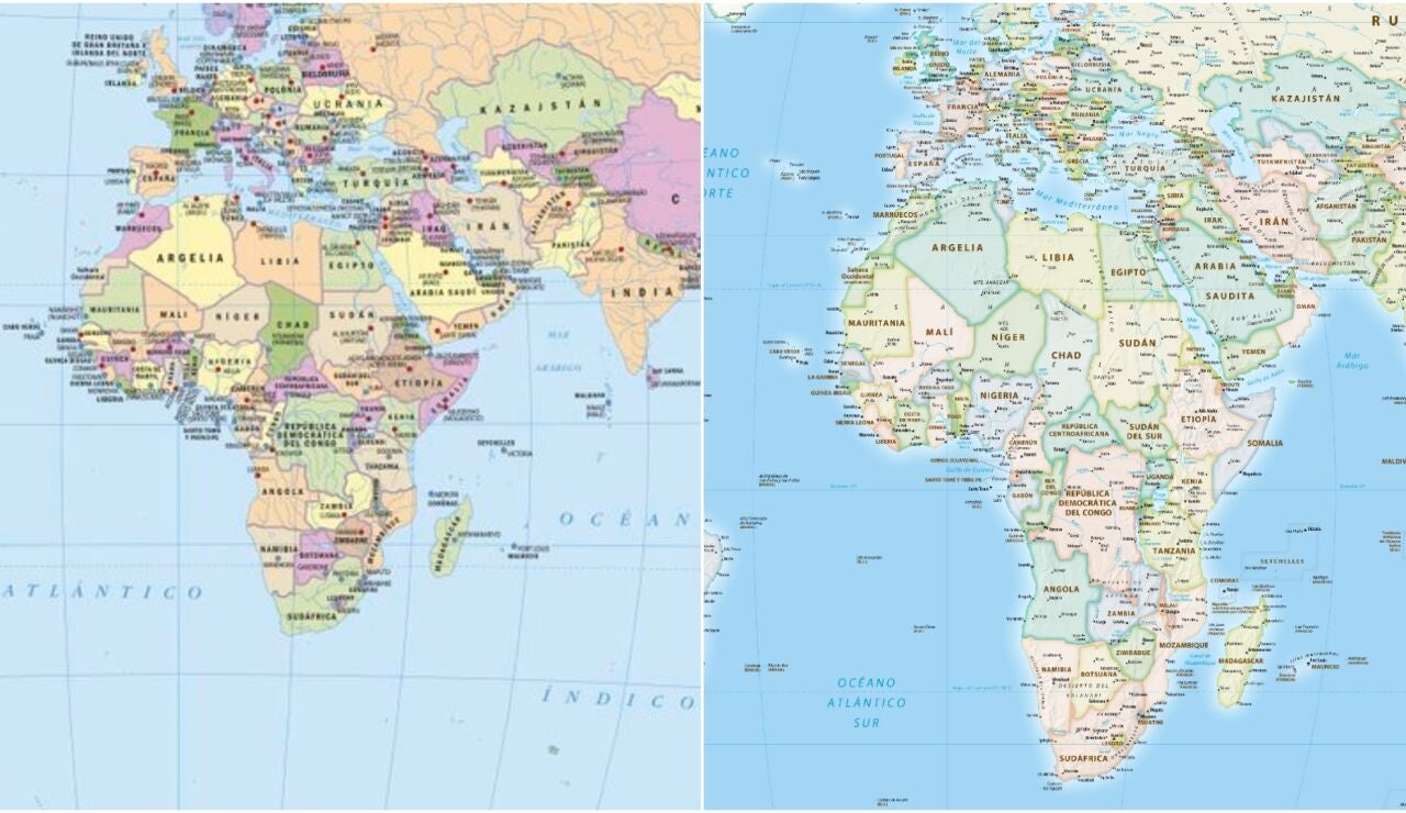 Mapa del mundo, en la antigua versi&oacute;n Mercator y la nueva inspirada en los modelos de Equal Earth.