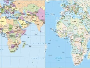 Mapa del mundo, en la antigua versi&oacute;n Mercator y la nueva inspirada en los modelos de Equal Earth.