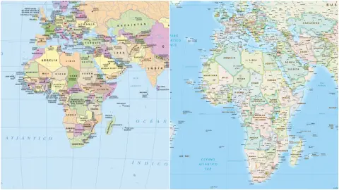 Mapa del mundo, en la antigua versión Mercator y la nueva inspirada en los modelos de Equal Earth. Mapa del mundo, en la antigua versión Mercator y la nueva inspirada en los modelos de Equal Earth.
