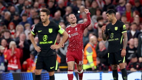 Alexis Mac Allister celebra su gol ante el Atl&eacute;tico en Anfield