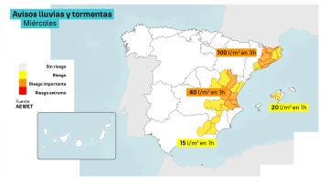 Mapa de avisos para el miércoles 16 de septiembre
