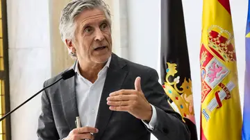 El ministro del Interior, Fernando Grande-Marlaska, durante su comparecencia ante los medios en la sede de la delegación del gobierno en Ceuta El ministro del Interior, Fernando Grande-Marlaska, durante su comparecencia ante los medios en la sede de la delegación del gobierno en Ceuta