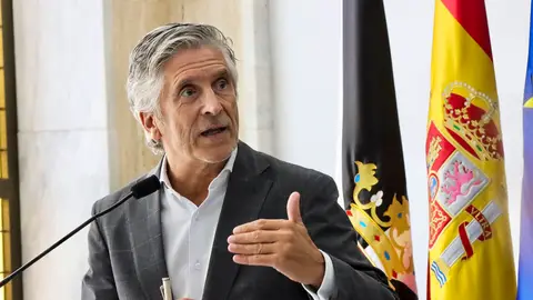 El ministro del Interior, Fernando Grande-Marlaska, durante su comparecencia ante los medios en la sede de la delegación del gobierno en Ceuta El ministro del Interior, Fernando Grande-Marlaska, durante su comparecencia ante los medios en la sede de la delegación del gobierno en Ceuta