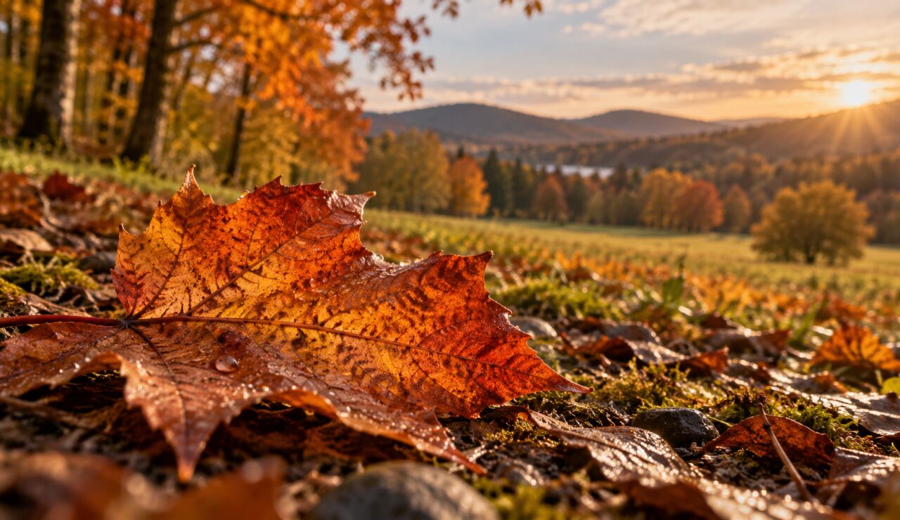 Hoja ca&iacute;da en un paisaje de oto&ntilde;o