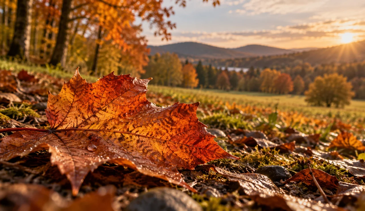 Hoja caída en un paisaje de otoño