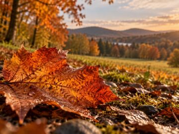 Hoja ca&iacute;da en un paisaje de oto&ntilde;o