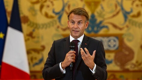 El presidente de la Rep&uacute;blica Francesa, Emmanuel Macron, durante el acto 'La democracia en Europa en la era digital'