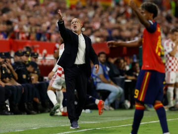 Luis de la Fuente da instrucciones en la banda del S&aacute;nchez Pizju&aacute;n