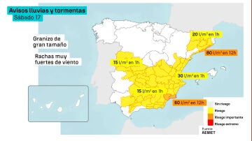 Mapa de los avisos de lluvias y tormentas para el sábado 