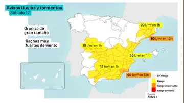 Mapa de los avisos de lluvias y tormentas para el sábado Mapa de los avisos de lluvias y tormentas para el sábado