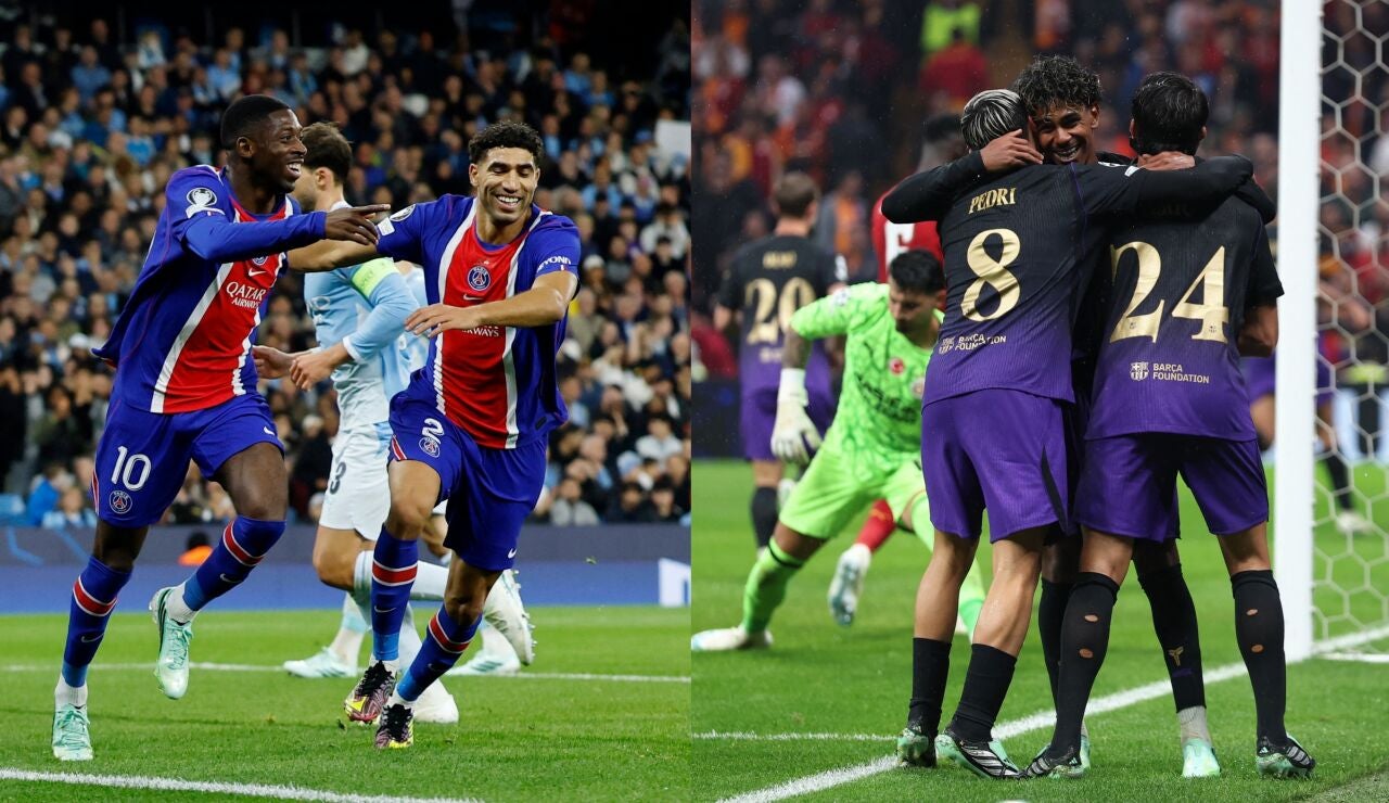 Los futbolistas del PSG y Barcelona celebran un gol en la Champions