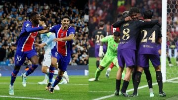 Los futbolistas del PSG y Barcelona celebran un gol en la Champions