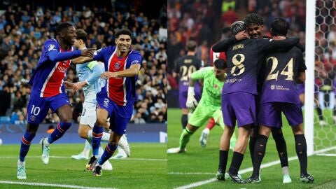 Los futbolistas del PSG y Barcelona celebran un gol en la Champions
