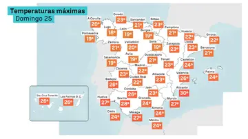 Mapa de las temperaturas máximas del domingo 25 Mapa de las temperaturas máximas del domingo 25