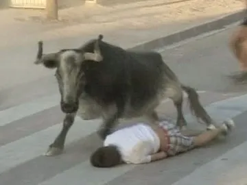 Un joven tumbado en el suelo al paso de un toro Un joven tumbado en el suelo al paso de un toro